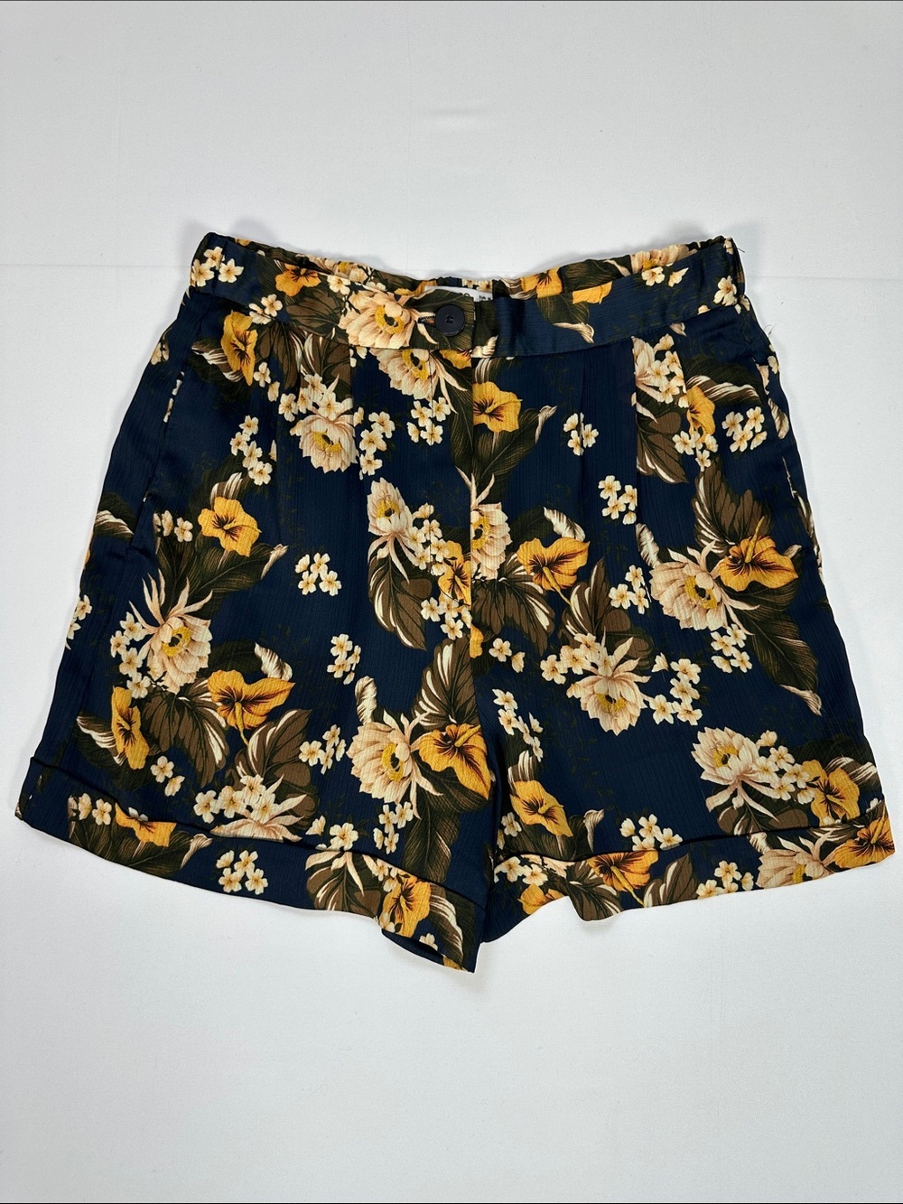 Mango Floral Shorts Navy Yellow High Waist Tailored European Summer Chic Size M